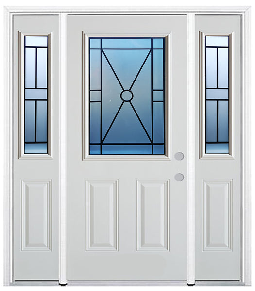 Prehung Single Door with Two Sidelite Entry Door System White Prefinished Steel Insulated (Half Size Glass Insert)