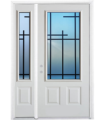 Prehung Single Door with Single Sidelite Entry Door System White Prefinished Steel Insulated (3/4 Size Glass Insert)