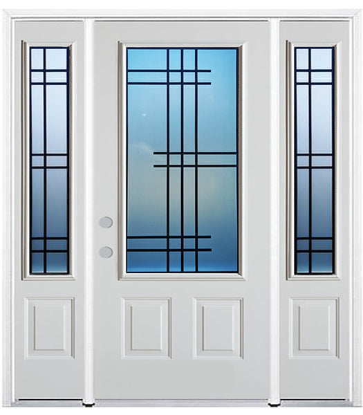 Prehung Single Door with Double Sidelites Entry Door System White Prefinished Steel Insulated (3/4 Size Glass Insert)