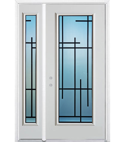 Prehung Single Door with Single Sidelite Entry Door System White Prefinished Steel Insulated (Full Size Glass Insert)